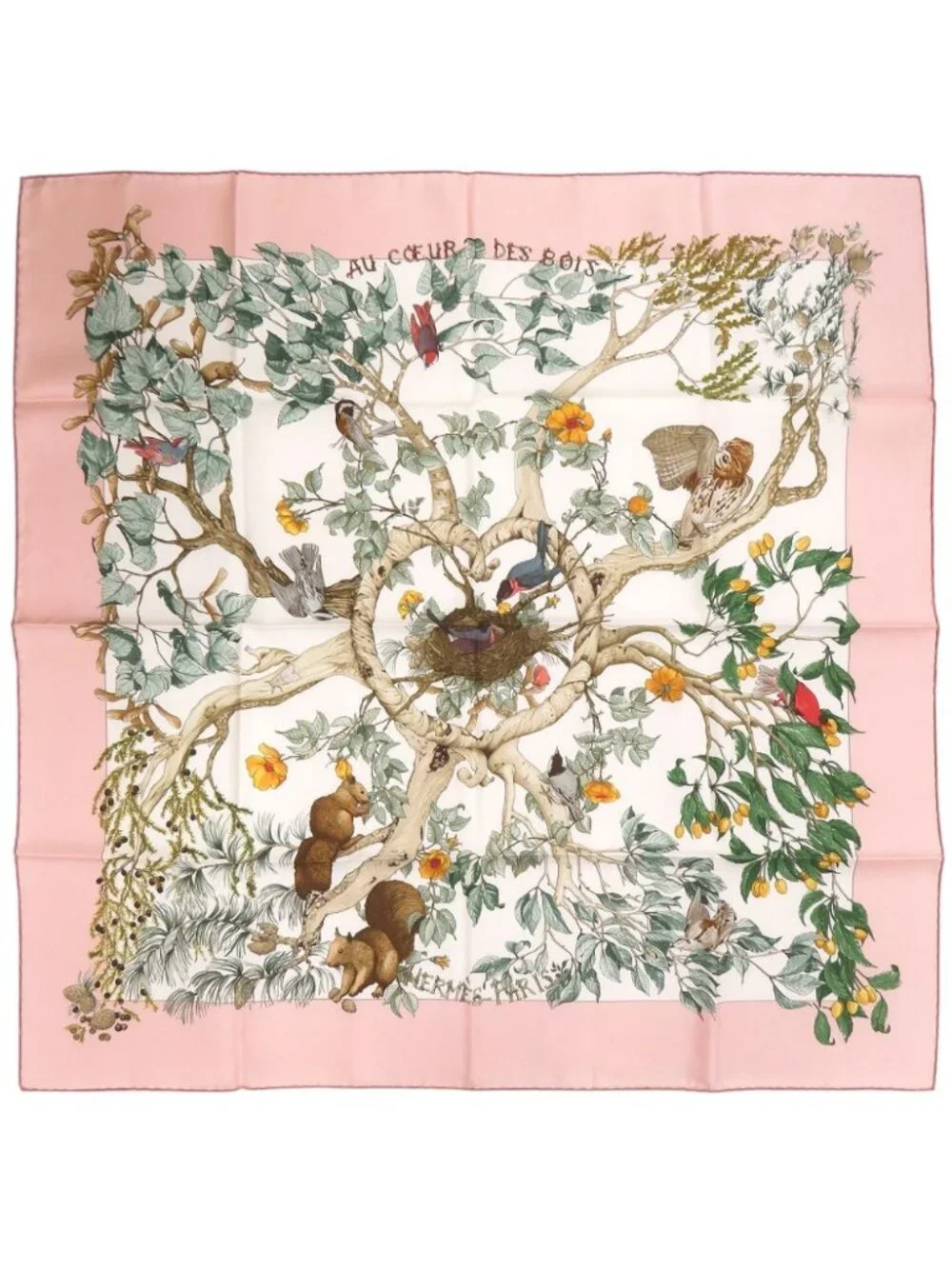 Hermes Carre 90 Au Cœur Des Bois in the Depths of the Forest Silk Pink Scarf